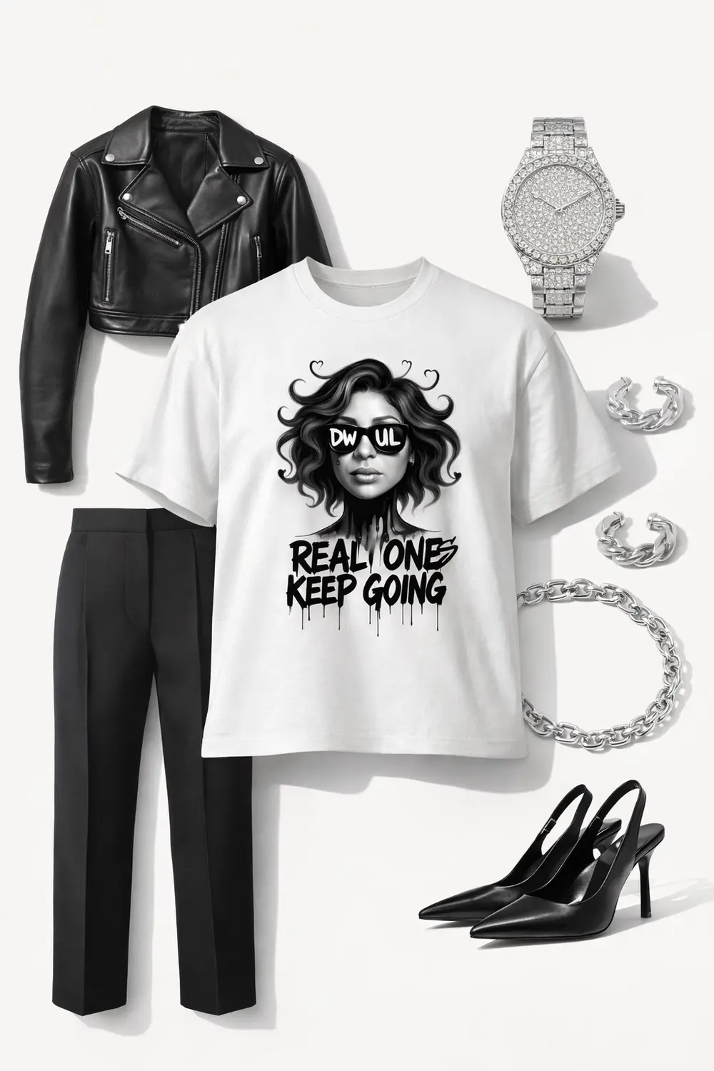 Do What U Luv white tee styled as a fashion flat lay