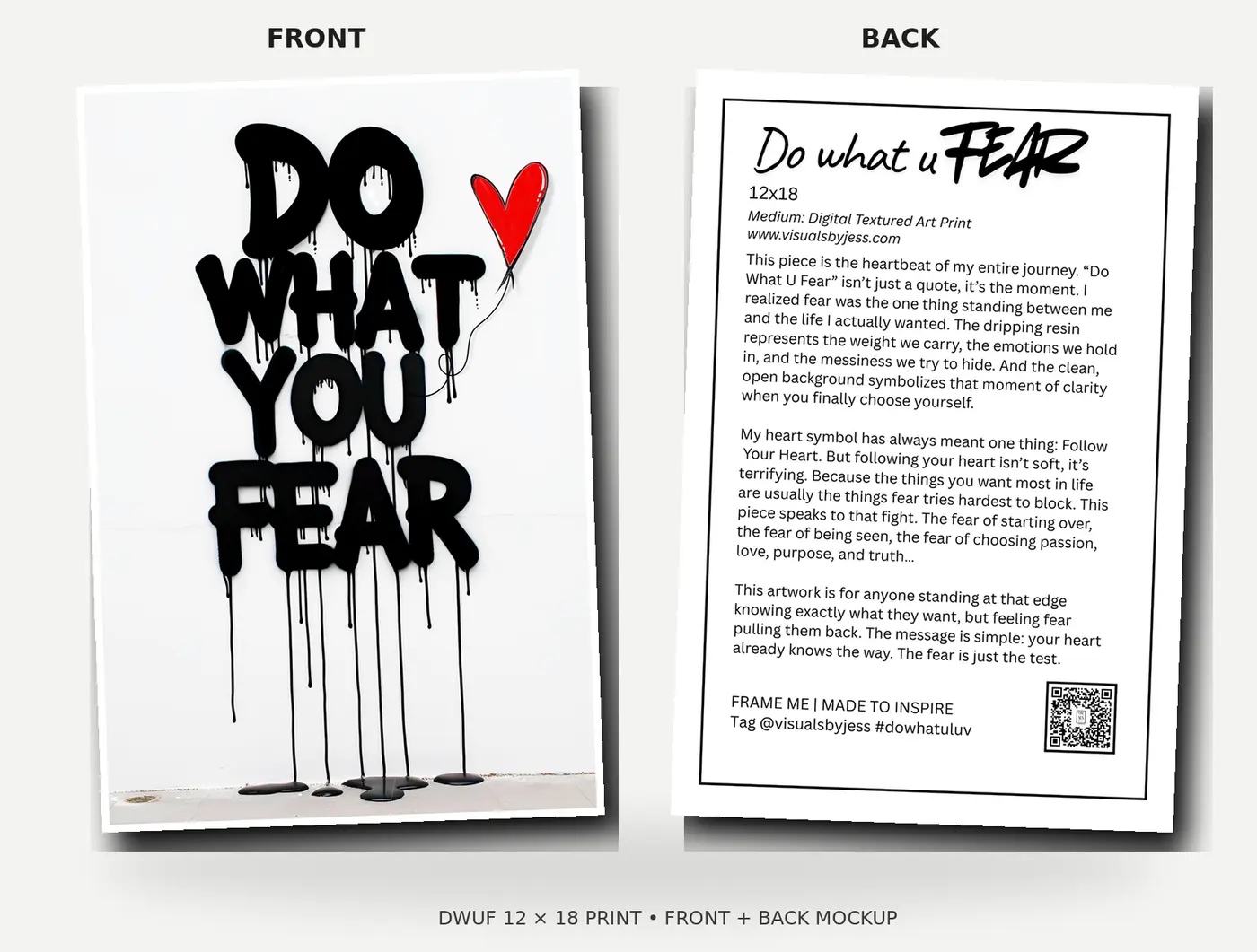 Front and back product presentation for a Do What U Fear art print